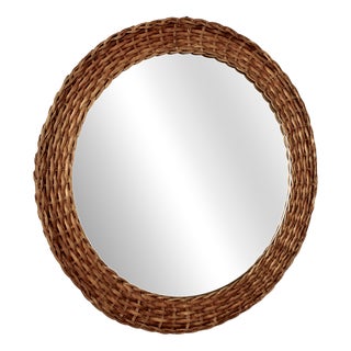 Mid-Century Modern French Round Rattan Mirror, 1950s For Sale