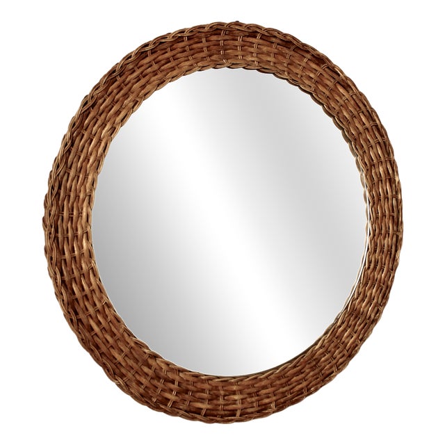 Mid-Century Modern French Round Rattan Mirror, 1950s For Sale