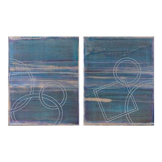 Rebecca Koury "How Deep Is Your Ocean" Blue Green Diptych Contemporary Abstract, Acrylic on Canvas/Panel, Carmel California Art For Sale