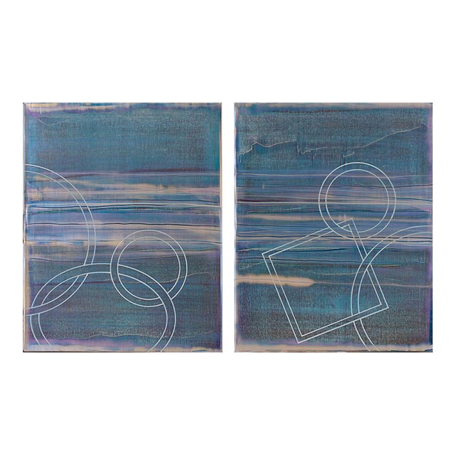 Rebecca Koury "How Deep Is Your Ocean" Blue Green Diptych Contemporary Abstract, Acrylic on Canvas/Panel, Carmel California Art For Sale