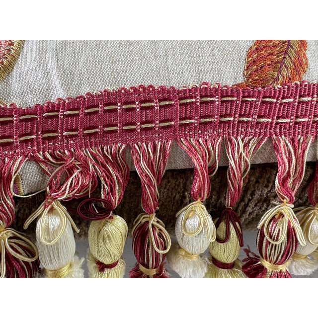 Red Vibrant Botanical Tasseled Brocade Linen Lumbar Pillows/a Pair For Sale - Image 8 of 11
