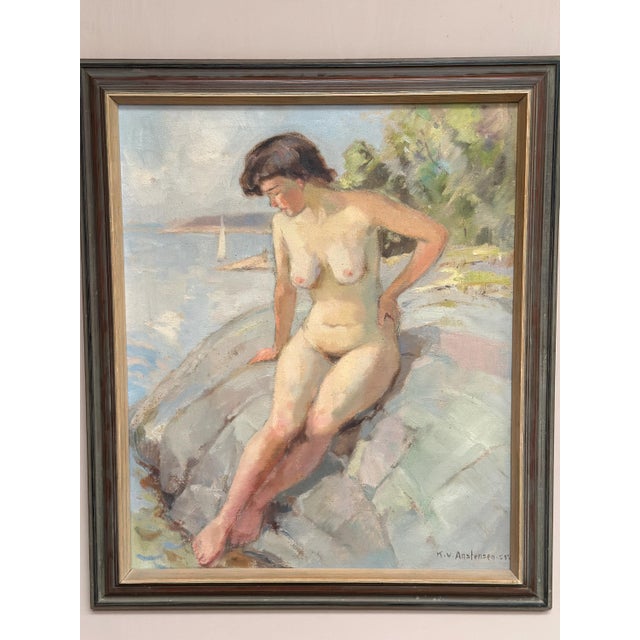 Karl Vilhelm Anstensen, Coastal Scene with Sunbathing Nude Woman, 1957, Oil Painting on Canvas, Framed For Sale - Image 12 of 17