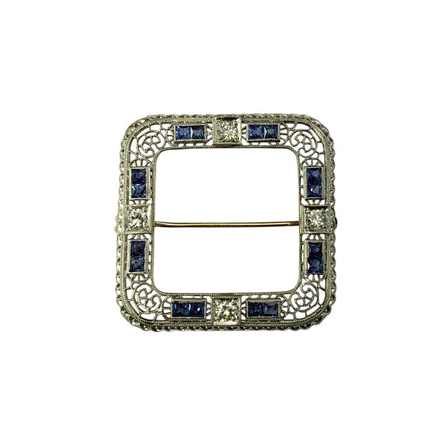 Contemporary Mid 20th Century 14k Rhodium Finish Yellow Gold Sapphire and Diamond Filigree Brooch For Sale - Image 3 of 8