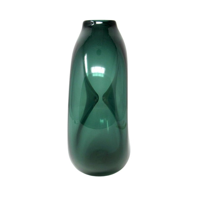 2000 - 2009 Hand-Blown Dimpled Green Glass Vase With White Stripe For Sale - Image 5 of 9