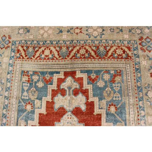 Medallion Vintage Turkish Oushak Turkish in Mid-Century Modern Red, Cream and Light Blue For Sale - Image 9 of 13