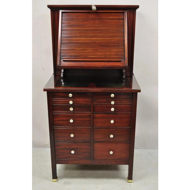 Antique Mahogany "Genothalmic" Ophthalmic Cabinet by General Optical Co, Roll Top Medical Work Desk. Item features brass...
