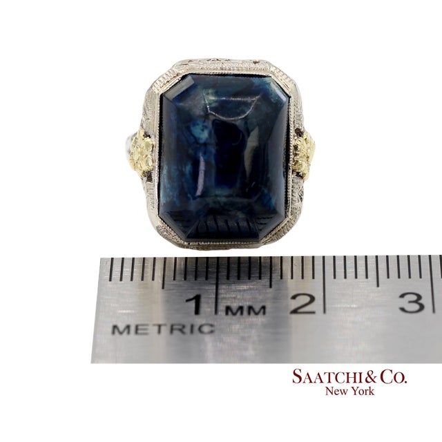 14k Two Tone Yellow and White Gold Blue Stone Ornate Floral Motif Ring, Size 5.25 For Sale - Image 11 of 13