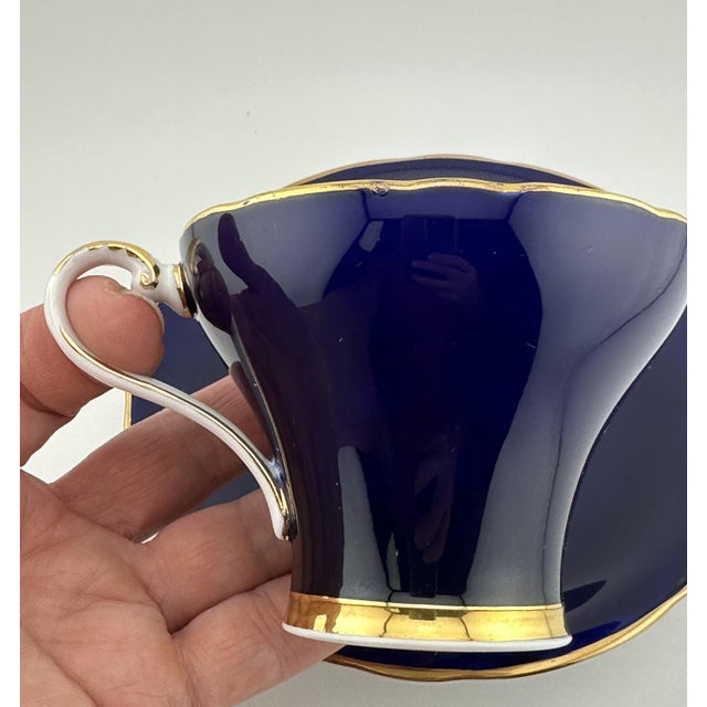 1930s Aynsley Cobalt Blue Teacup and Saucer, Corset Shape W/ Cabbage Rose - 1930s For Sale - Image 5 of 10