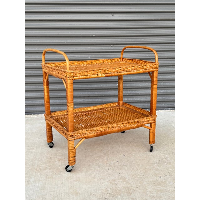 Mid-Century Modern C. 1970s Mid Century Modern Italian Franco Albini Style Rolling Bamboo Bar Cart For Sale - Image 3 of 11