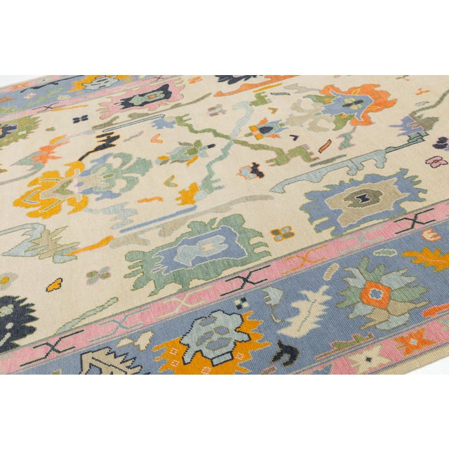 Contemporary Hand-Knotted Oushak Style Wool Rug in Ivory, Soft Blue, & Pastel For Sale - Image 4 of 12