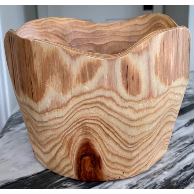 Contemporary Hand Carved Pottery Barn Style Decorative Wood Bowl For Sale - Image 3 of 9