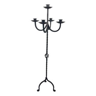 Hand Forged Iron Floor Candelabra 47.5″ (121cm) Antique Copper Patina 3-Arm Wide Base Stable Candle Holder Rustic Decor For Sale
