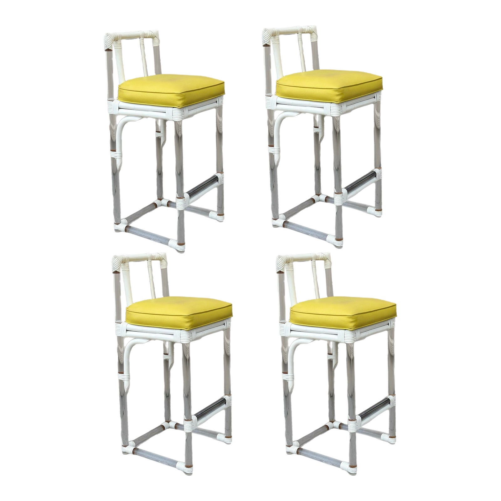 1970s Organic Modern Lucite and White Rattan Barstools With Cane