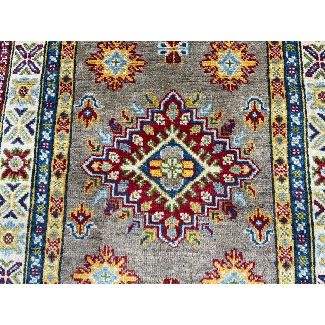 Extra-Long Olive Gold Kazak Wool Runner Rug With Geometric Medallions ...