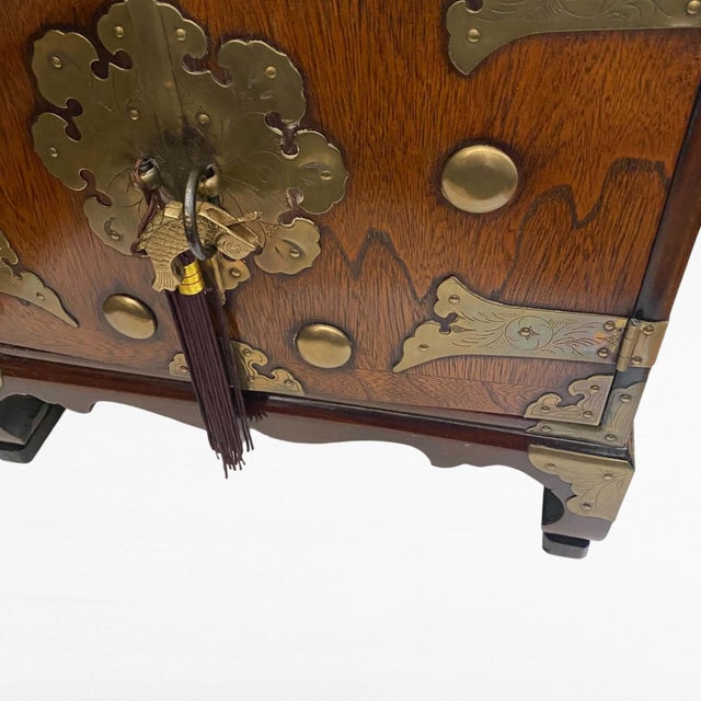 Mid-Century Chinese Brass-Mounted Hardwood Cabinet With Lock & Calligraphy Interior For Sale - Image 4 of 14