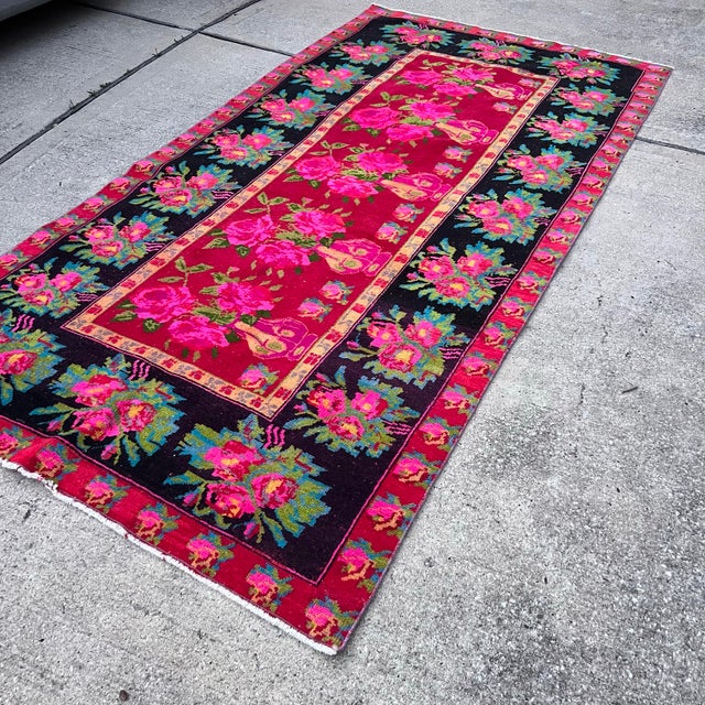 Boho Chic 1930s Vintage Karabakh Rug Caucasian Handwoven Wool on Cotton Foundation pinkVibrant Floral Rug - 4’9x9’9 For Sale - Image 3 of 12