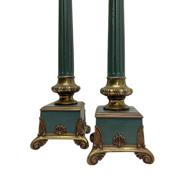 Empire Style Green Metal and Brass Table Lamps, 1960s, Set of 2 For Sale - Image 6 of 10
