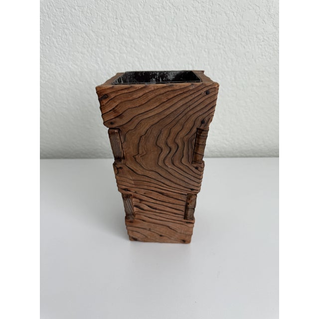 Brown 1970s Japanese Uzukuri Wood Vase With Dovetail Corners For Sale - Image 8 of 9