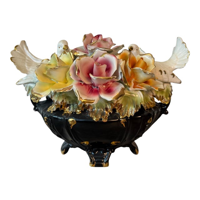 Vintage Italian Capodimonte Porcelain Floral Centerpiece With Doves For Sale