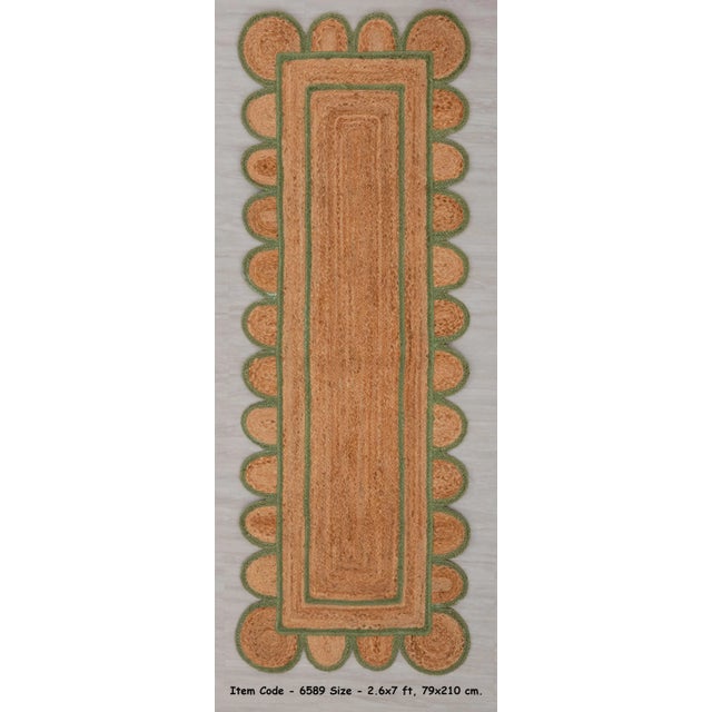 Olive Green Jute Scallop Handmade Bohomian Rug Runner 2.5x8 Ft. For Sale - Image 10 of 13