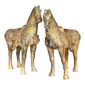 Vintage Asian Patinated Gilt Wood Temple Horses - a Pair