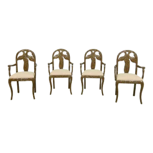 Set of 4 Art Nouveau Leaf Carved Back Dining Armchairs