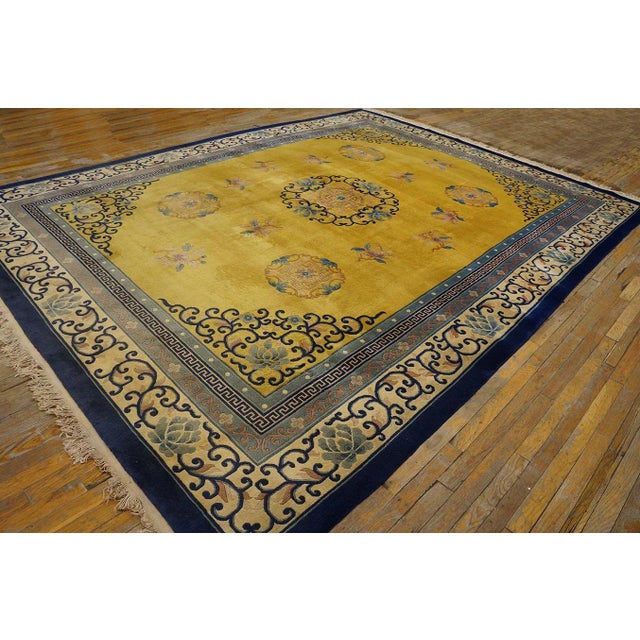 1920s Yellow Safrron Medallion Antique Chinese Peking Carpet 9'' X 12' Knotted Wool Rug For Sale - Image 4 of 12