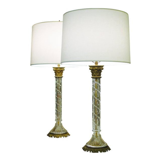 Large Matched Pair Waterford Crystal French Empire Corinthian Column Brass Table Lamps 1960's For Sale