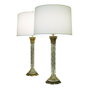 Large Matched Pair Waterford Crystal French Empire Corinthian Column Brass Table Lamps 1960's