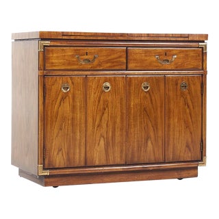 Drexel Campaign Pecan and Brass Rolling Flip Top Buffet For Sale