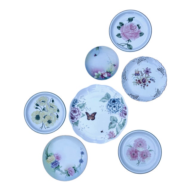 Butterflies and Spring Flowers Pink, Yellow and Blue Decorative Wall Plate Curation- Set of 7 For Sale