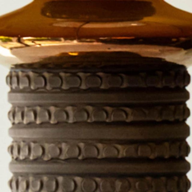 Brown Ceramic Copper Floor Table Lamp and Lampshade attributed to R. Houben for Bergboms, 1970 For Sale - Image 8 of 9