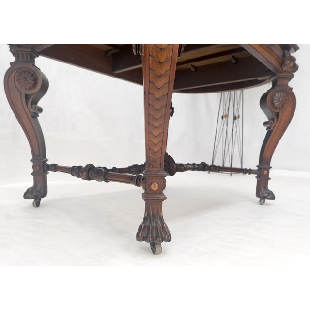 Early 20th Century Carved Lion Face & Foot Legs Renaissance Revival Inlaid Walnut Center Table MINT For Sale - Image 5 of 16