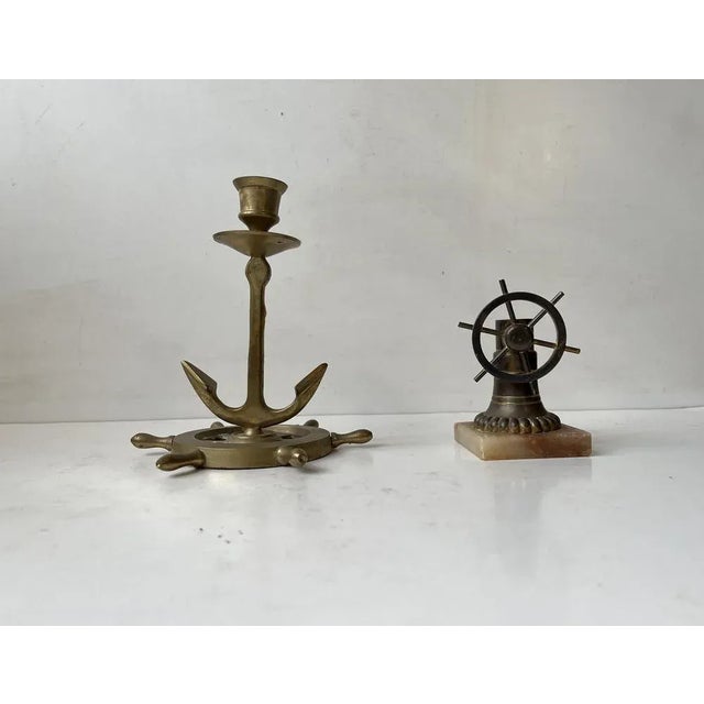 Vintage Nautical Anchor Candlestick and Helm Cigar Cutter in Brass, 1930s, Set of 2 For Sale - Image 6 of 6