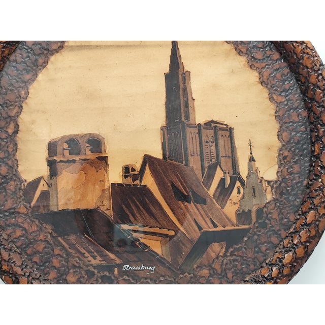 Antique Strasbourg serving tray Glass with wood carving and brass handles Back: 1942