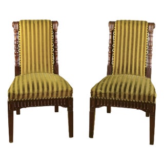 Chairs in Carved Walnut and Striped Olive Velvet, Mid-19th Century, Set of 2 For Sale