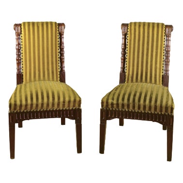 Chairs in Carved Walnut and Striped Olive Velvet, Mid-19th Century, Set of 2 For Sale