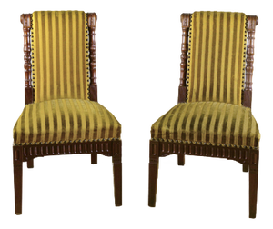 Chairs in Carved Walnut and Striped Olive Velvet, Mid-19th Century, Set of 2