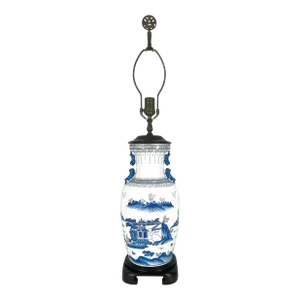 Impressive Blue & White Chinese Republic Porcelain Table Lamp With Landscape, Foo Lions, Ming Style Wood Stand 33"