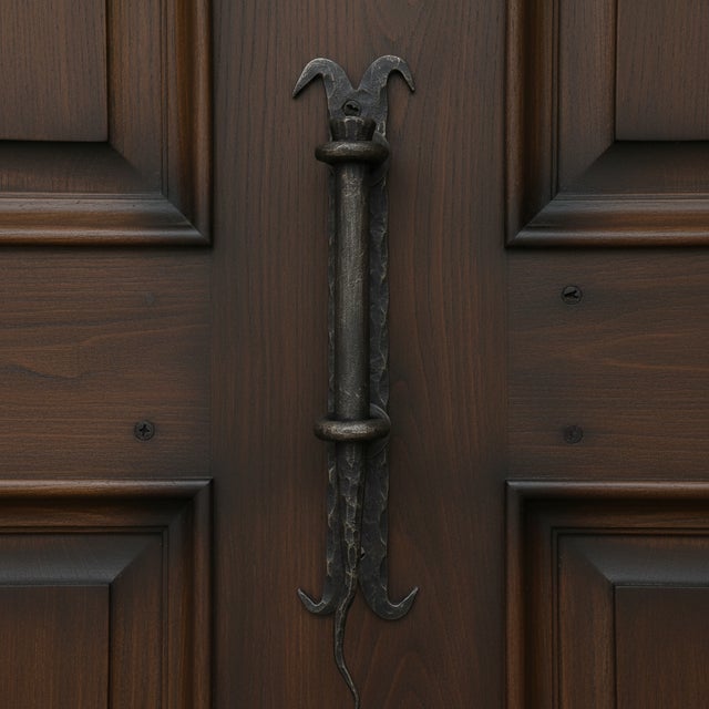 Hand Forged Wrought Iron Door Pull Handle Gold Patina Classical Architectural Hardware For Sale - Image 6 of 8