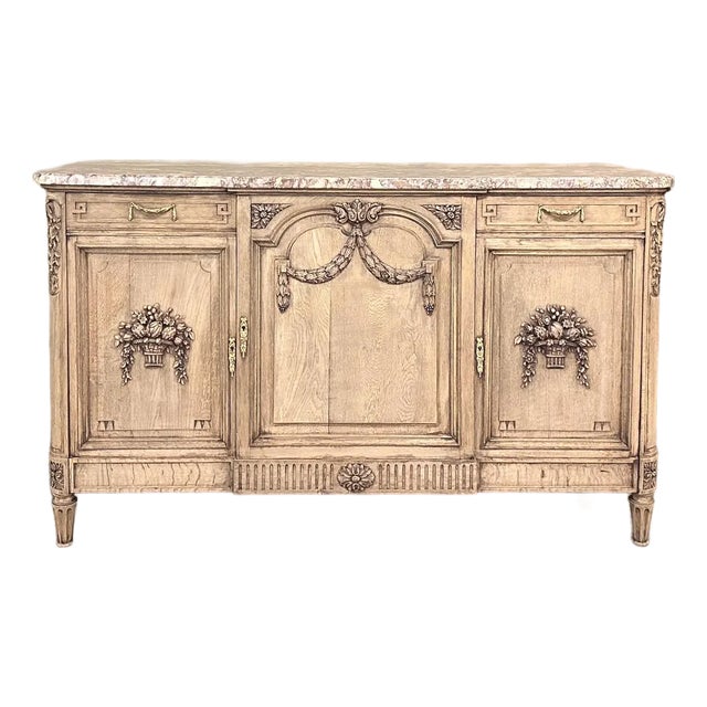 Antique French Louis XVI Marble Top Step-Front Buffet in Stripped Oak For Sale