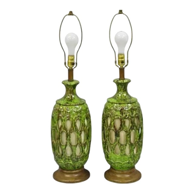Vintage Mid Century Modern Green Lava Glazed Ceramic Pierced Table Lamps - Pair For Sale