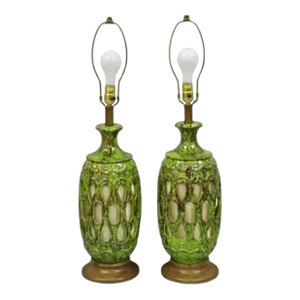 Vintage Mid Century Modern Green Lava Glazed Ceramic Pierced Table Lamps - Pair