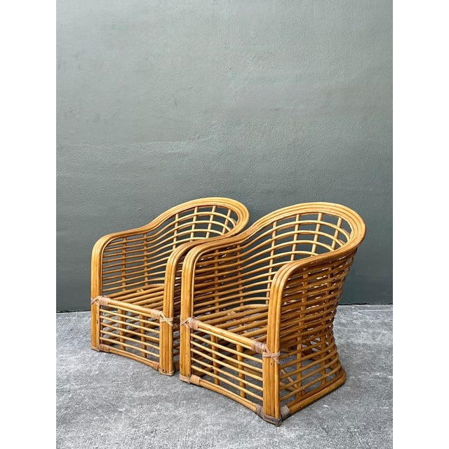 Wood Vintage Stacked Rattan Lounge Chairs - Pair For Sale - Image 7 of 12