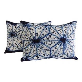 Blue and White African Bolster Decorative Pillows - Set of 2 For Sale