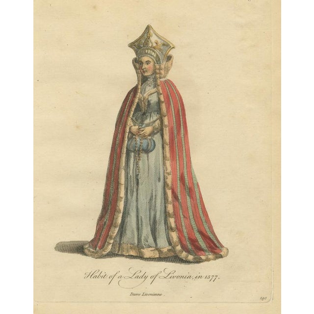 Blue Jefferys, Habit of a Lady of Livonia in 1577, Hand Colored Jefferys Costume Plate, 1757, Engraving For Sale - Image 8 of 8