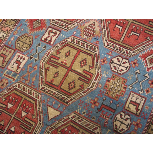 Early 20th Century 1900s Sky Blue Medallion Tribal Hand Knotted Antique Caucasian Moghan Rug 4'2" X 4'4" Wool Carpet For Sale - Image 5 of 9