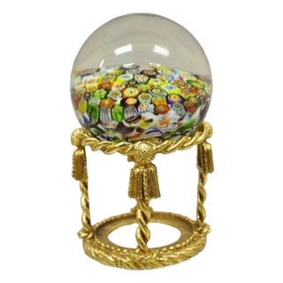 Vintage Art Glass Millefiori Italian Murano Round Sphere Paperweight on Stand For Sale