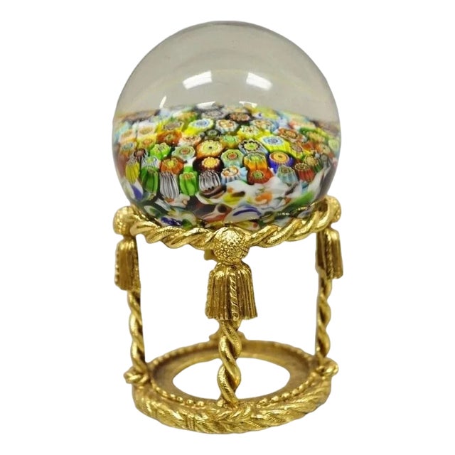Vintage Art Glass Millefiori Italian Murano Round Sphere Paperweight on Stand For Sale