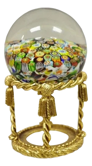Vintage Art Glass Millefiori Italian Murano Round Sphere Paperweight on Stand